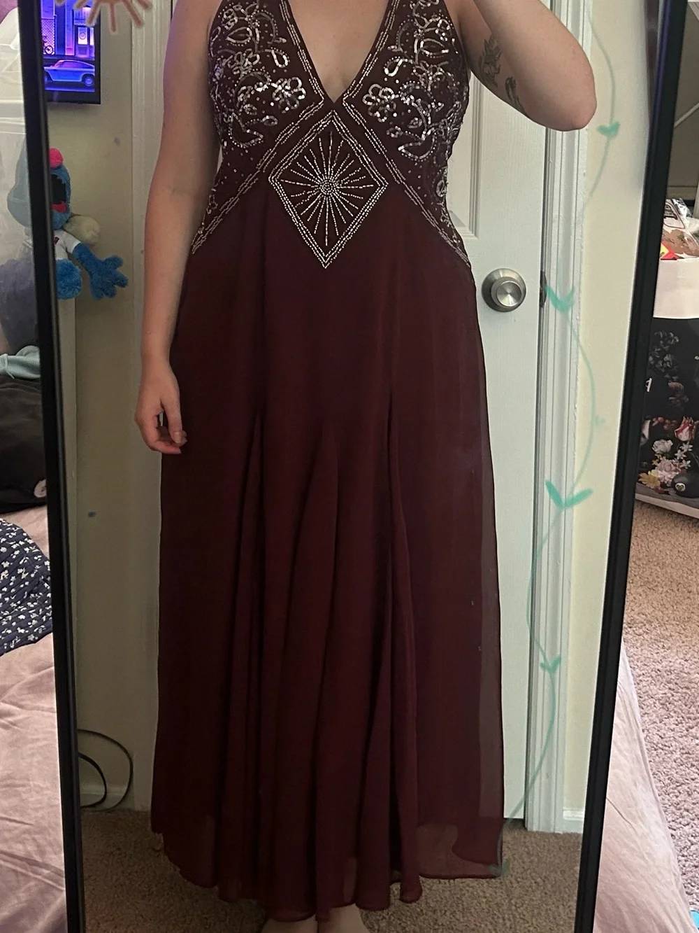 Abercrombie & Fitch Embroidered V-Neck Maxi Dress in Burgundy